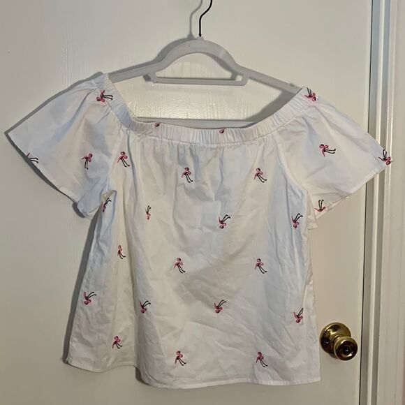 Blue Rain EUC white flutter sleeve flamingo shirt sleeve shirt Size small - Picture 1 of 5